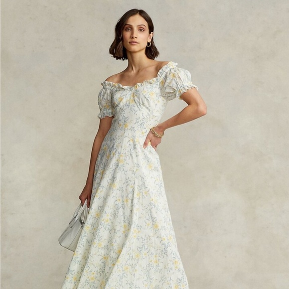 POLO RALPH LAUREN: Off-The-Shoulder Puff-Sleeve Midi-Dress (NWT) - Picture 1 of 8
